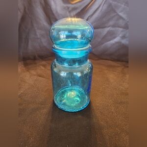 Vintage Belgium Blue Glass Apothecary Jar Canister Bubble Lid Large 5" Tall